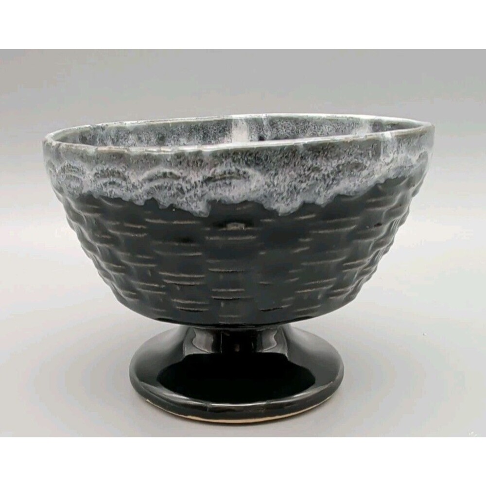 Vintage Japanese Ceramic Pedestal Bowl Black Basketweave Reactive Glaze Rim